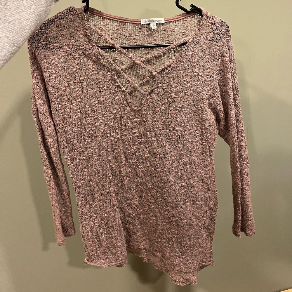 Pink and grey cross neck sweater